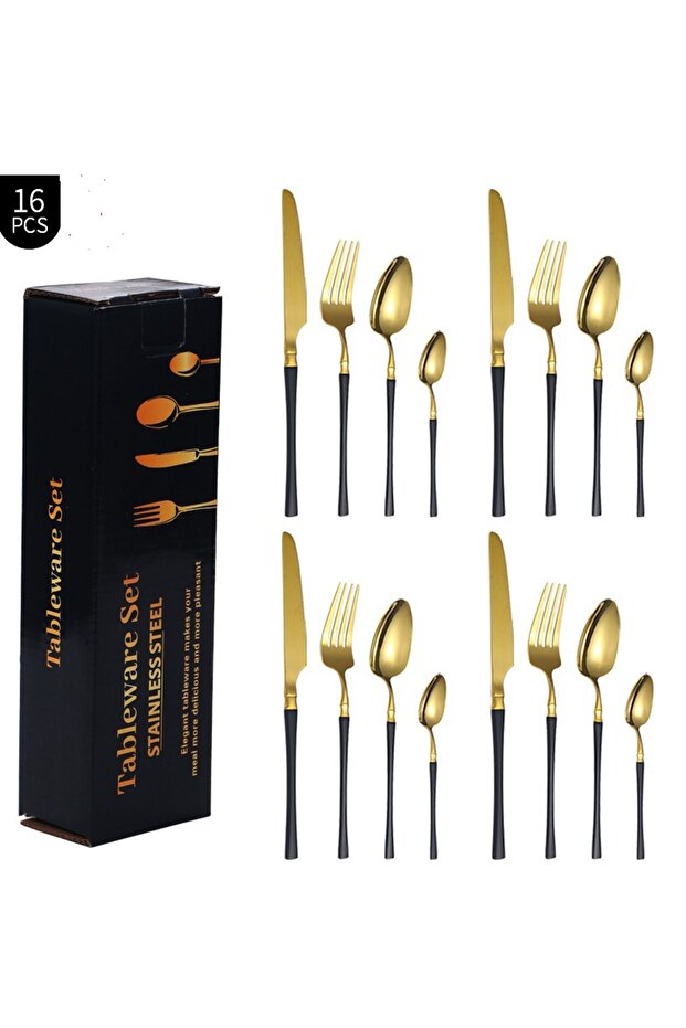 Durable Black Premium Stainless Steel 16-Piece Cutlery Set – Tableware Set for 4 People