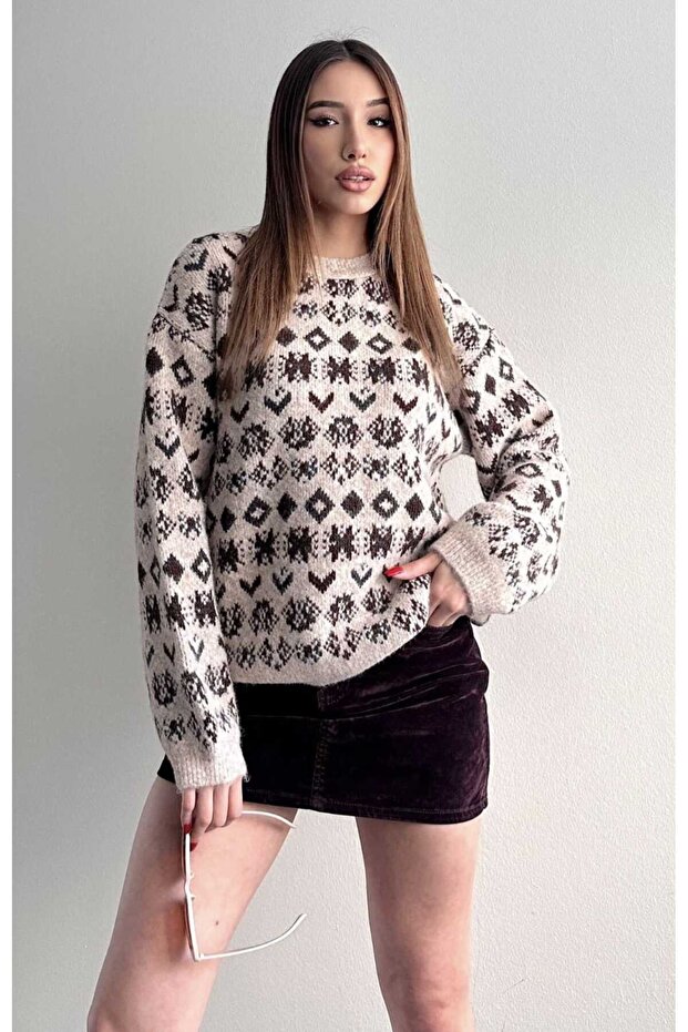 Wool Blend Effect Jacquard Knitwear Sweater