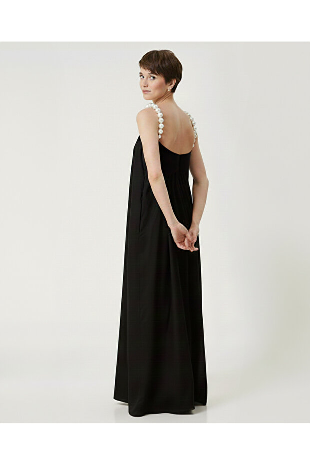 Lilbasic İnci Askılı Uzun Siyah Elbise - 1