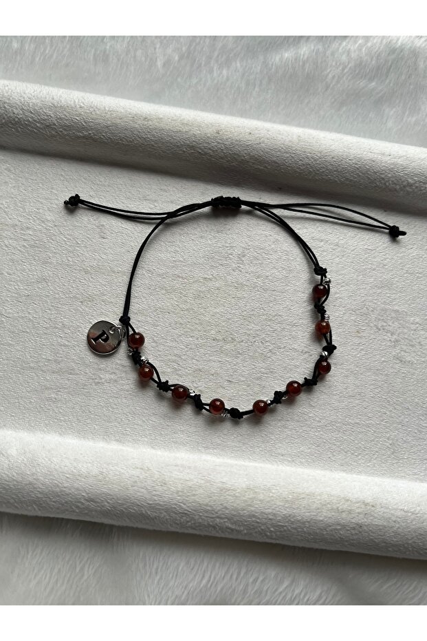 Letter Minimal Hessonite Stone Adjustable Black String Bracelet & Anklet