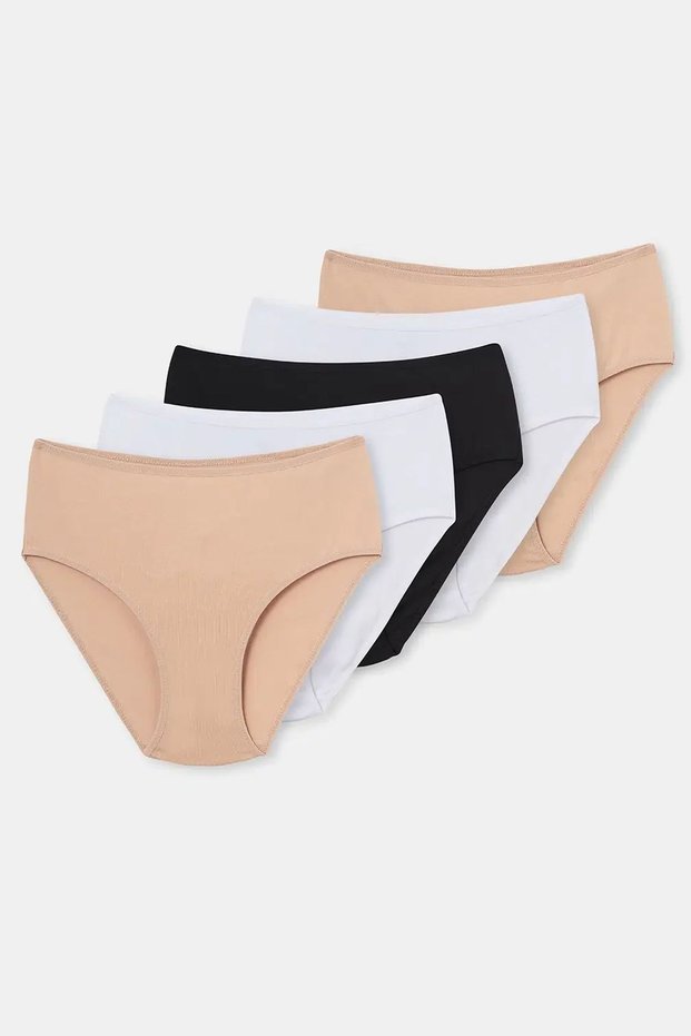 5104Kc Women's 5-Piece High Waist Slip Panties-Black&White&Skin