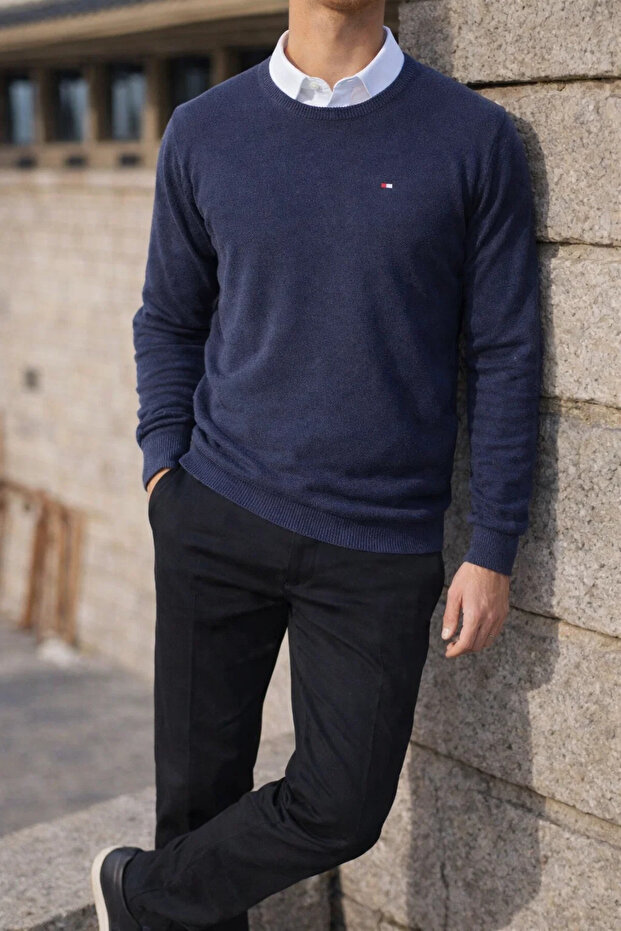 Erkek Kışlık Bisiklet Yaka Dar Mavi Basic Kazak - 3