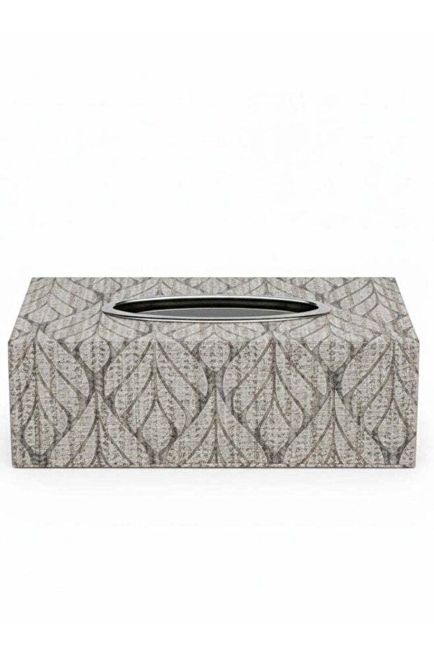 Rectangular Tissue Box Cover with Gray Leaf Pattern and Oval Silver Opening - 1