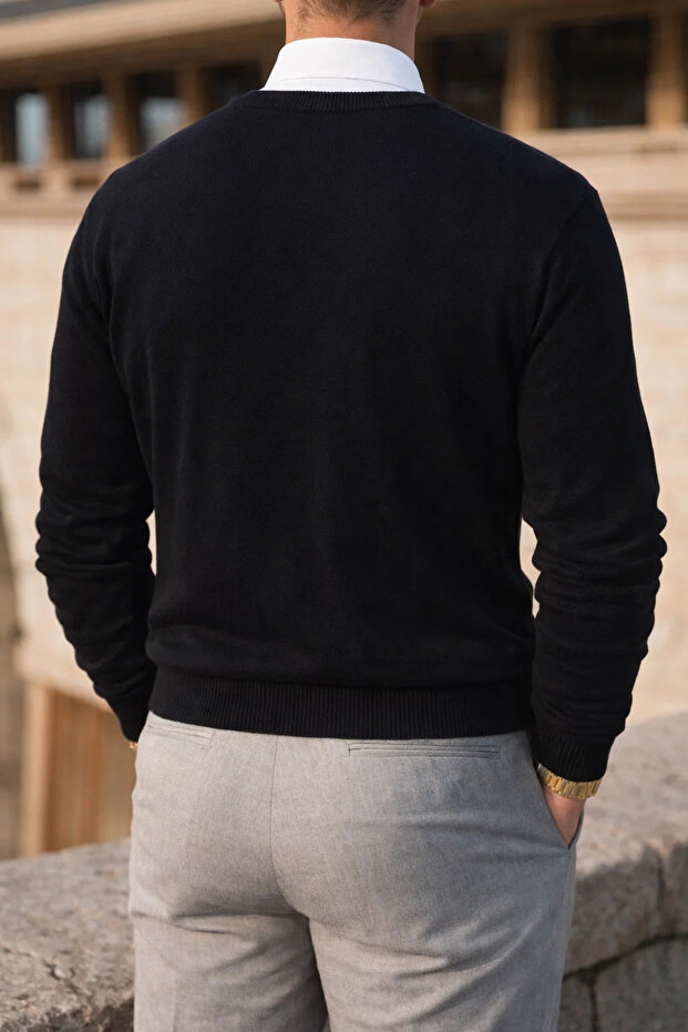 Erkek Kışlık Bisiklet Yaka Dar Siyah Basic Kazak - 5