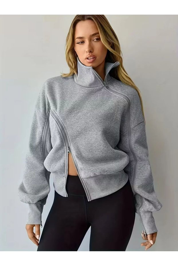 Women's Gray Sleeve Zipper Detailed Sweat Cardigan