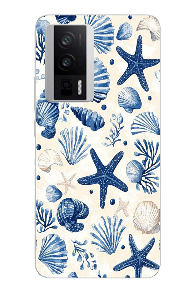 Poco F5 Pro Compatible Blue Seashell and Star Pattern Printed Silicone Case - 1