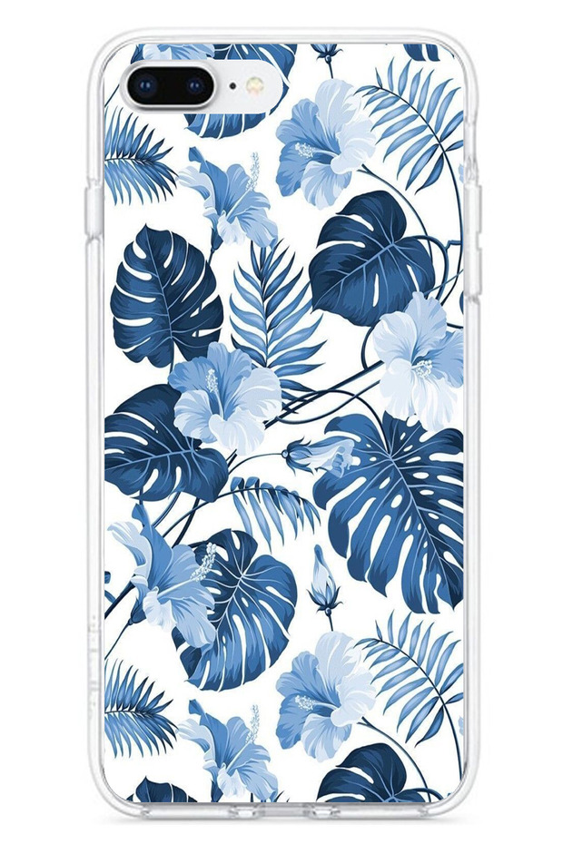 حافظة سيليكون مطبوع متوافقة مع هاتف iPhone 7 PLUS-8 PLUS بنمط أوراق الشجر الزرقاء والزهور - 1