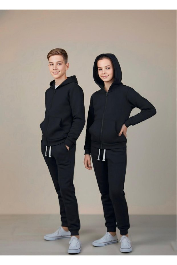 Unez Children's 3 İp Ş Fleece-Lined Tracksuit Set – Zippered K Hooded Unisex Casual Set (7–16 Years)