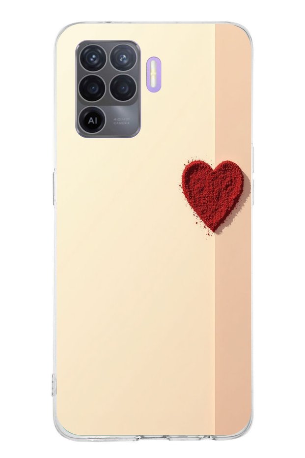 حافظة سيليكون متوافقة مع هاتف OPPO Reno 5 Lite ذات خلفية كريمية وقلب أحمر مطبوع