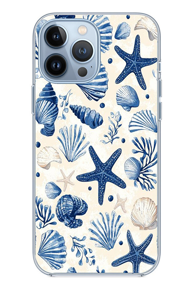 حافظة سيليكون مطبوع متوافقة مع هاتف iPhone 13 PRO MAX بنمط صدفة البحر الزرقاء والنجمة - 1