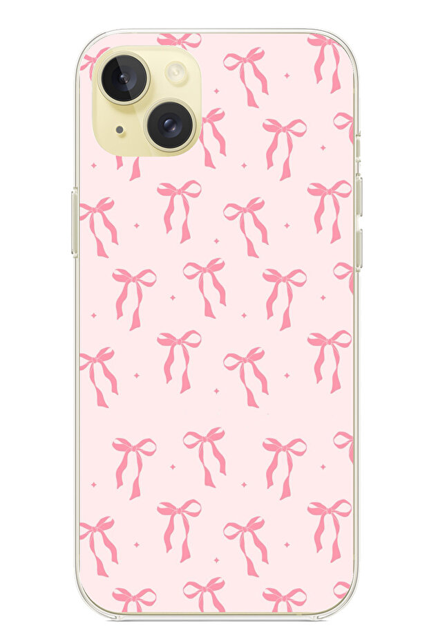 iPhone 15 Plus Compatible Soft Pink Bow Patterned Printed Silicone Case - 1