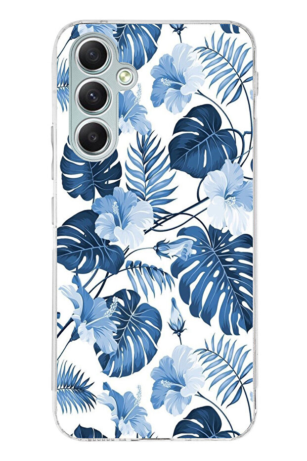 حافظة سيليكون مطبوع متوافقة مع هاتف سامسونج جالاكسي A34 بنمط أوراق الشجر الزرقاء والزهور - 1
