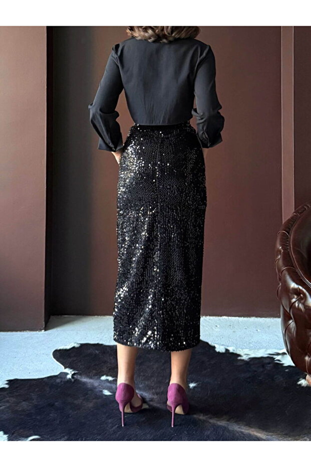 Pullu Kadife Uzun Etek - 5