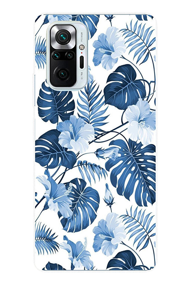 حافظة سيليكون مطبوع متوافقة مع هاتف Redmi Note 10 PRO بنمط أوراق الشجر الزرقاء والزهور - 1