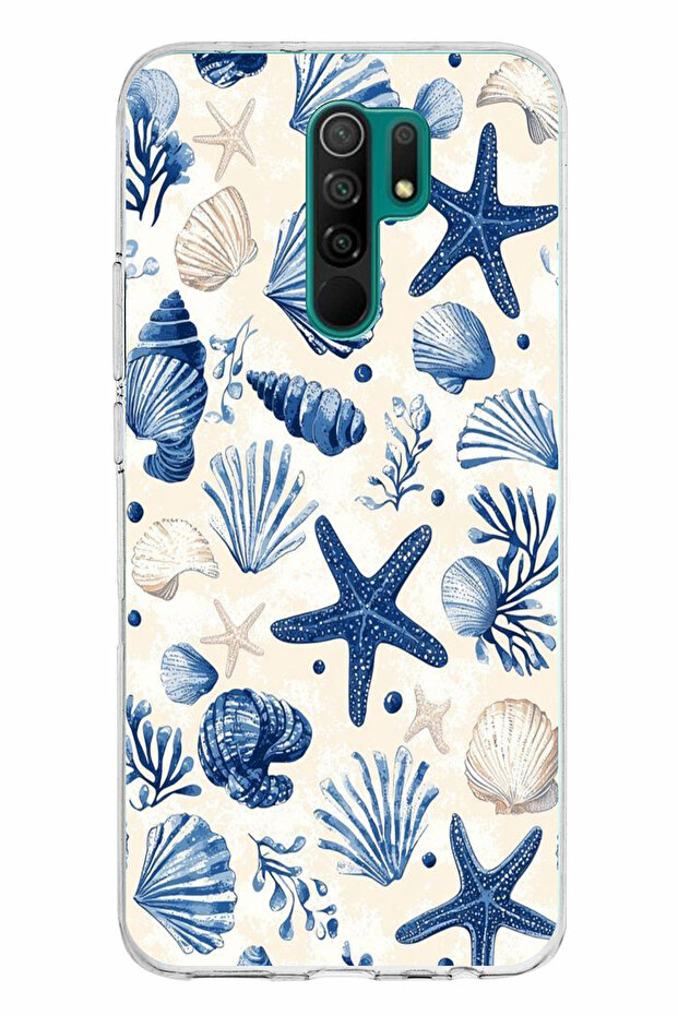حافظة سيليكون مطبوع متوافقة مع هاتف Redmi 9 بنمط صدفة البحر الزرقاء والنجمة - 1