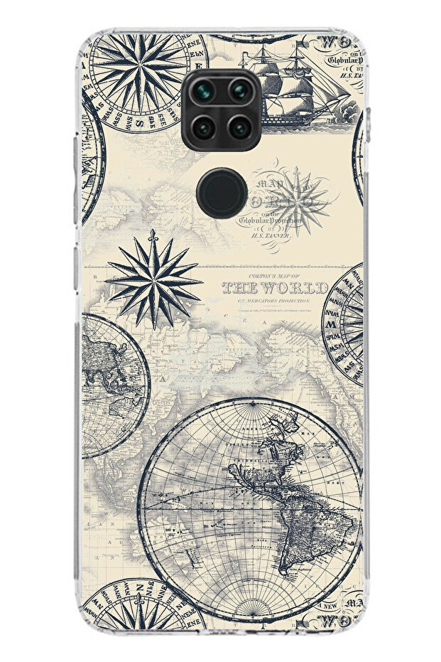 حافظة سيليكون متوافقة مع هاتف Redmi Note 9 وقديمة الطراز تحتوي على خريطة العالم والبوصلة مطبوع - 1