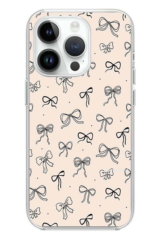 حافظة سيليكون متوافقة مع هاتف iPhone 14 PRO باللون الأسود ونمط فيونكة كريمية اللون مطبوع - 1