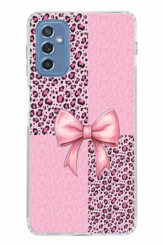 Samsung Galaxy M52 Compatible Pink Leopard Pattern and Ribbon Printed Silicone Case