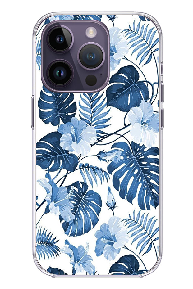 حافظة سيليكون مطبوع متوافقة مع هاتف iPhone 14 PRO MAX بنمط أوراق الشجر الزرقاء والزهور - 1