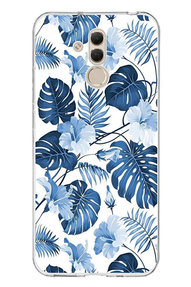 حافظة سيليكون مطبوع متوافقة مع هاتف هواوي ميت 20 لايت بنمط أوراق الشجر الزرقاء والزهور - 1