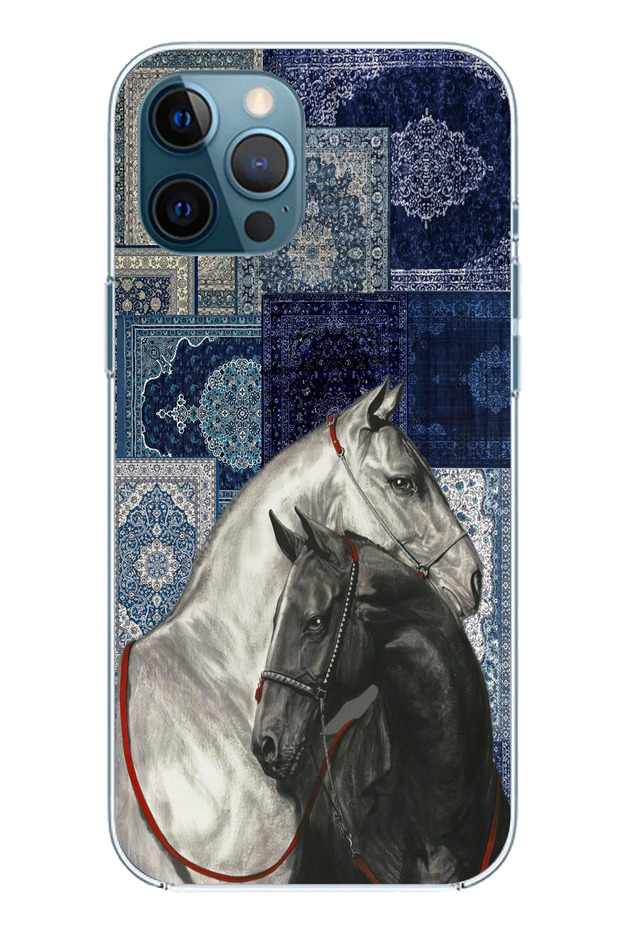 حافظة سيليكون متوافقة مع هاتف iPhone 12 PRO MAX بنمط سجادة زرقاء باللونين الأسود والأبيض At مطبوع