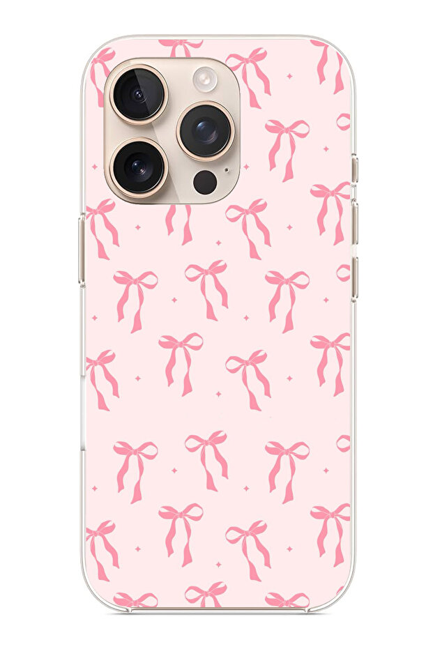 iPhone 16 Pro Max Compatible Soft Pink Bow Patterned Printed Silicone Case - 1