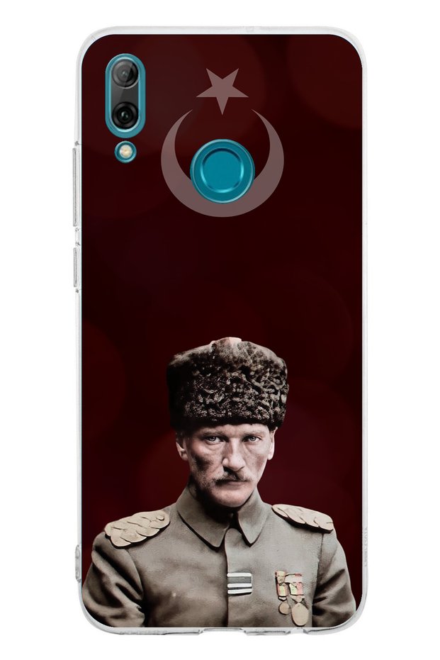 حافظة سيليكون متوافقة مع هاتف Huawei P Smart 2019 Moon Star ورئيس القائد أتاتورك مطبوع
