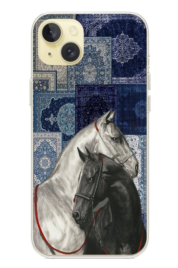 حافظة سيليكون متوافقة مع هاتف iPhone 15 PLUS باللون الأزرق بنمط كليم باللونين الأسود والأبيض At مطبوع