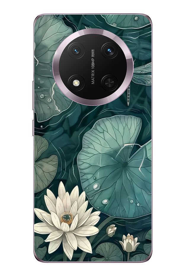 حافظة سيليكون متوافقة مع هاتف Honor Magic 7 Lite على شكل زهرة اللوتس والنيرس الأخضر مطبوع