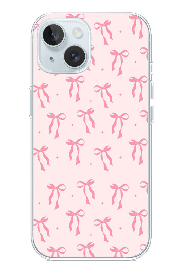 iPhone 15 Compatible Soft Pink Bow Patterned Printed Silicone Case - 1