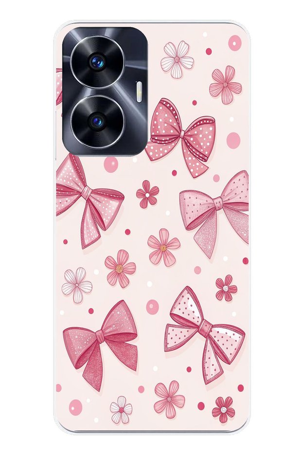 Realme C55 Compatible Pink Bow, Flower and Polka Dot Printed Silicone Case