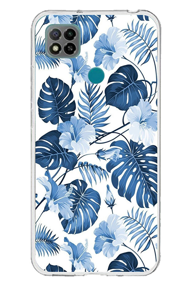 Redmi 9C / 10A Compatible Blue Leaf and Flower Patterned Printed Silicone Case - 1