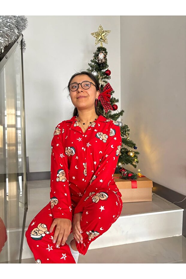 Red Velvet Front Buttoned Pajama Set - 2