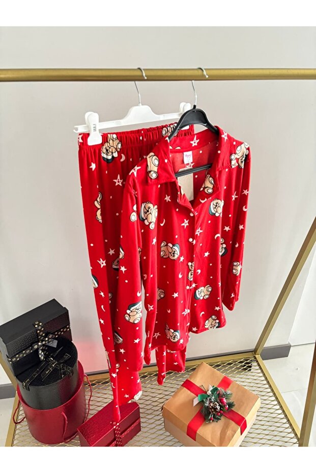 Red Velvet Front Buttoned Pajama Set - 5