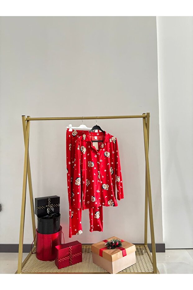 Red Velvet Front Buttoned Pajama Set - 4