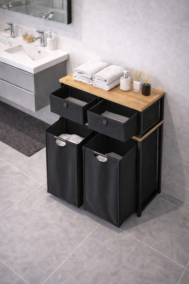 miyuhome Metal Kızaklı Çamaşır Sepeti 2 Adet Saklama Kutulu 2X40 LT Kirli Sepeti Büyük Boy Raflı Kirli Sepeti