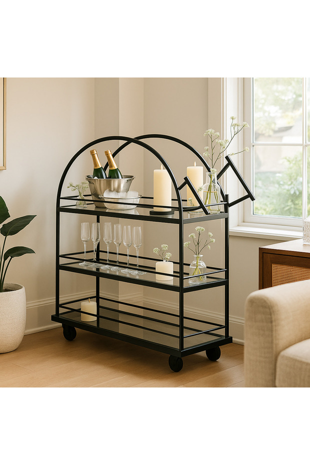 Serving Drink Cart 3-Tier Bar Cart with Glass Shelves, Fully Welded Metal Frame, Lockable Wheels - 5