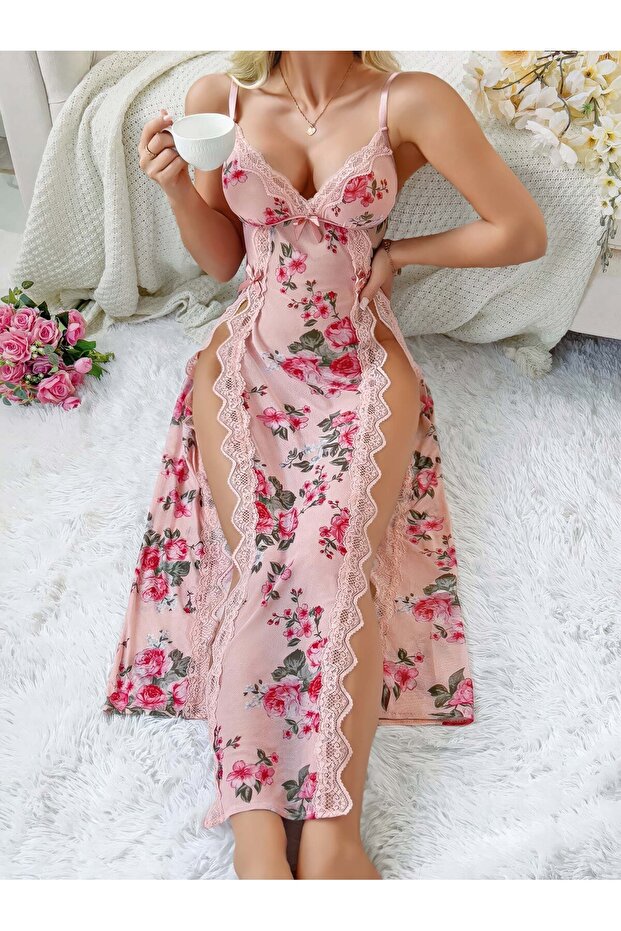 Nightgown with Floral Pattern, Pink, Long, Showy, Luxurious