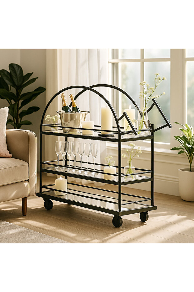 Serving Drink Cart 3-Tier Bar Cart with Glass Shelves, Fully Welded Metal Frame, Lockable Wheels - 3