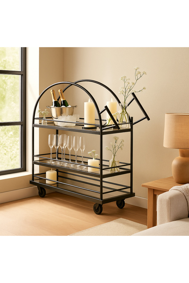 Serving Drink Cart 3-Tier Bar Cart with Glass Shelves, Fully Welded Metal Frame, Lockable Wheels - 4
