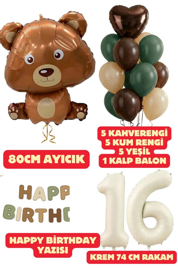 16 Year Old Brown Teddy Bear Green Happy Birthday Letter Balloon Set Brown Green Sand Balloon Birthday Set
