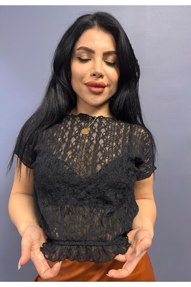 volanlı dantelli bluz - 3