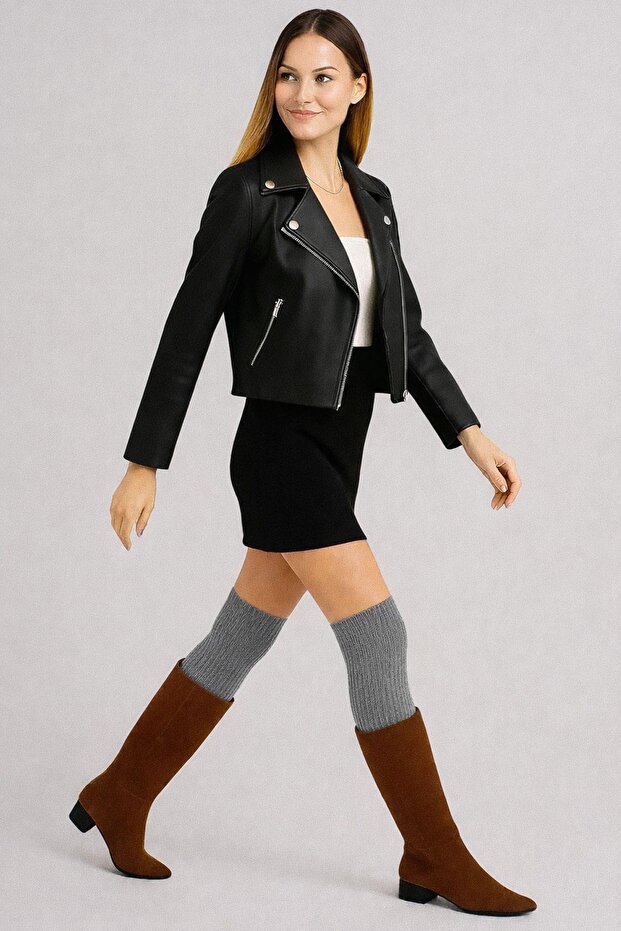 2 Çift Basic Lastikli Kalın Pamuk Karışımlı Diz Üstü Çorap - 4