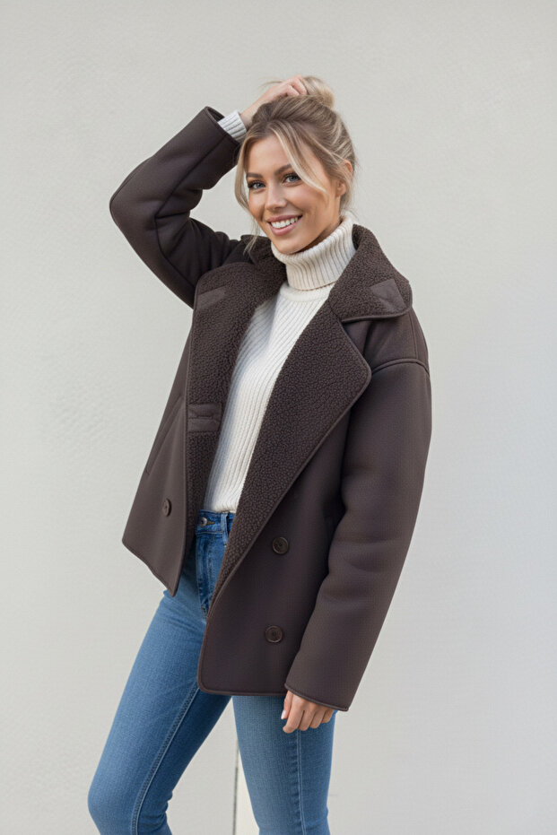Brown Plush Lined Faux Leather O Oversized Thick Coat