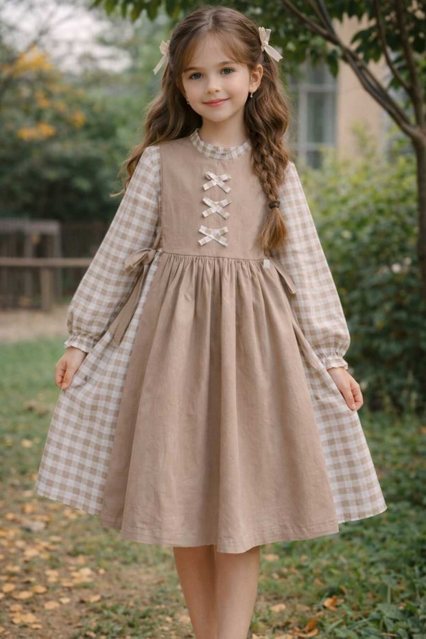 Girl's Brown Checkered Side Lace-Up Poplin Dress 100% Cotton