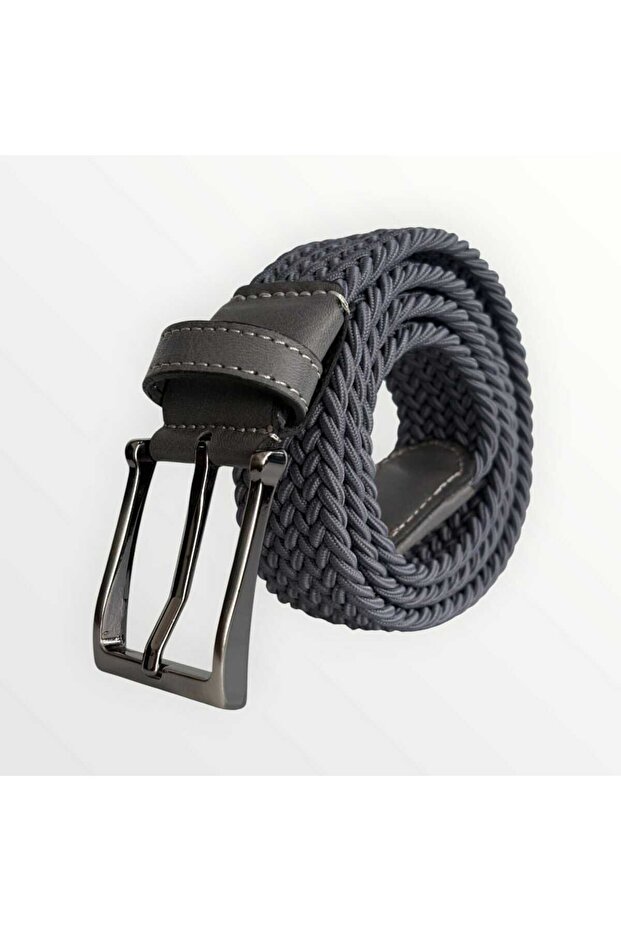 Knitted Patterned Elastic Belt Leather Detailed Black 3.5 cm Gray Compatible with All Pants