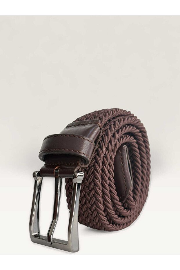 Knitted Patterned Elastic Belt Leather Detailed Black 3.5 cm Brown Compatible with All Pants