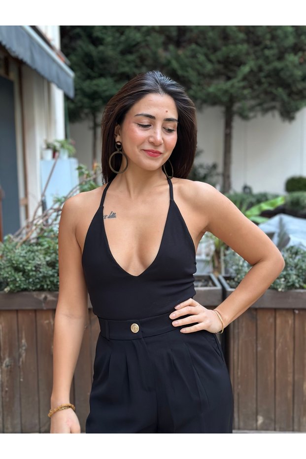 Women's black deep v-neck backless combed cotton bodysuit