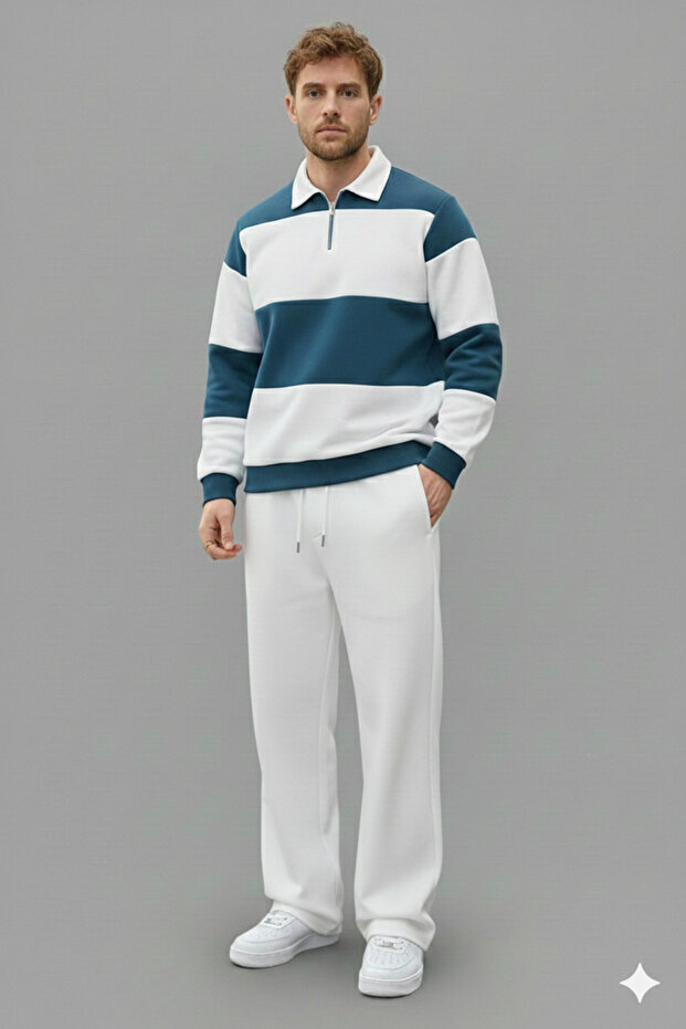 Polo Neck Oversized Baggy Tracksuit Set-Winter Thick 3-Thread Fleece-Lined Wide Leg Polo Neck-Top and Bottom Set
