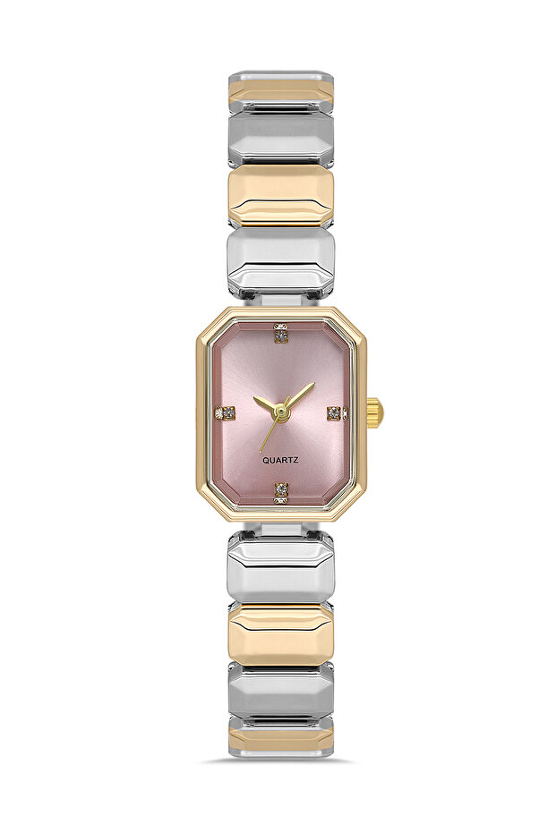 Women's Gold-Silver Color Rectangular Pink Dial Steel Wristwatch Tctsn000403S0376